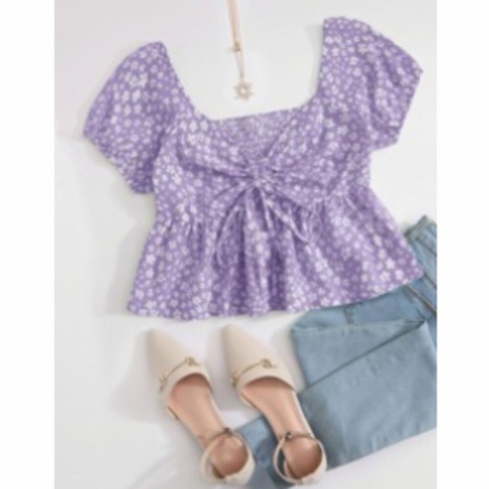Lavender and White Ditsy Floral Print Cropped Blouse with Shirred Back NWOT